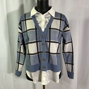 Rachel Zoe Blue & White Plaid Button Front Cardigan Layered Twofer Shirt